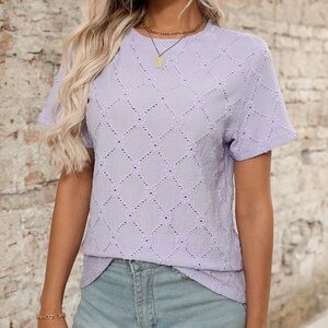 Light Lilac Eyelet Short Sleeve Knit Top - Women
